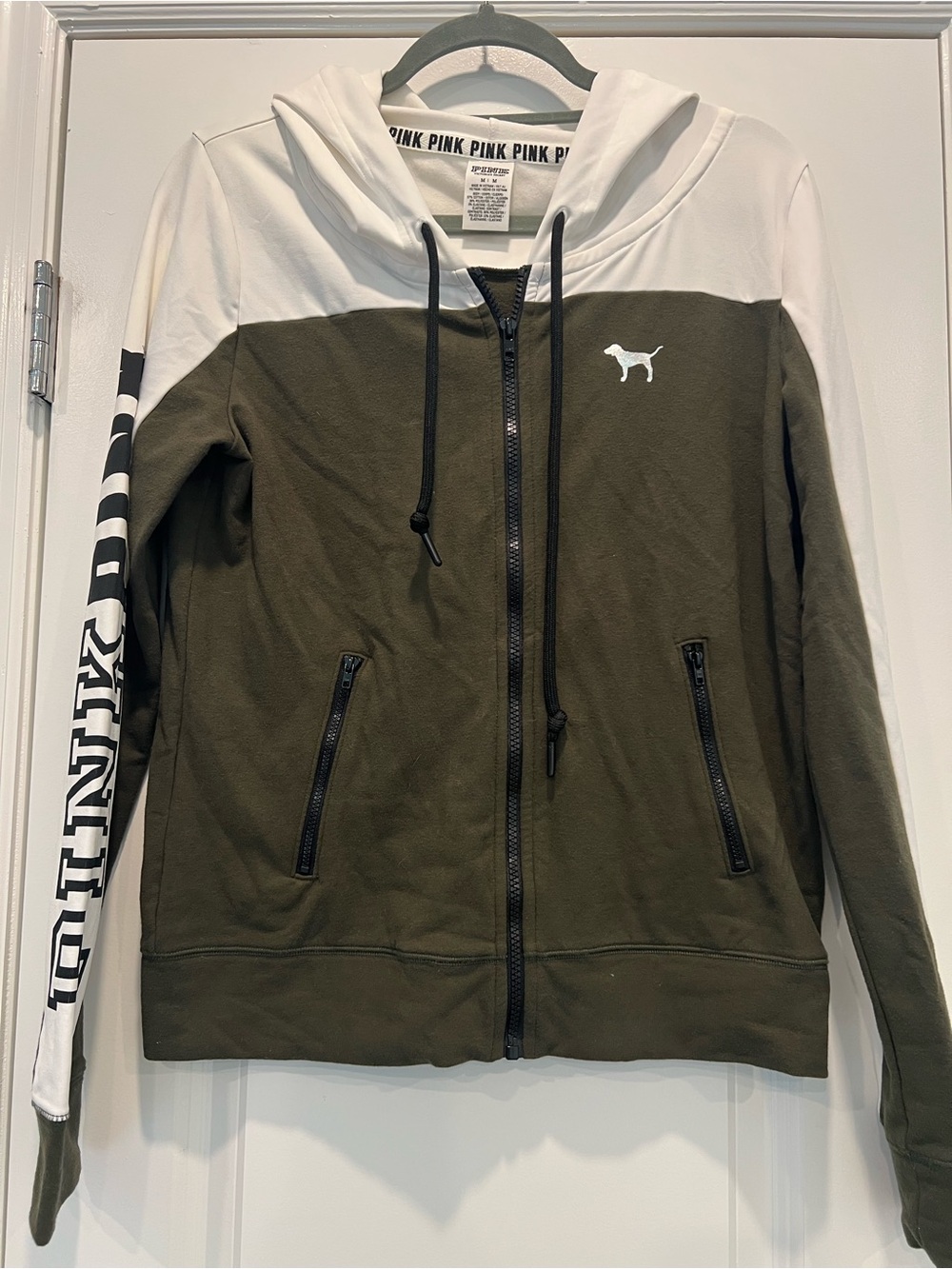 PINK Victoria's Secret Olive & White Full-Zip Hoodie Jacket - Medium